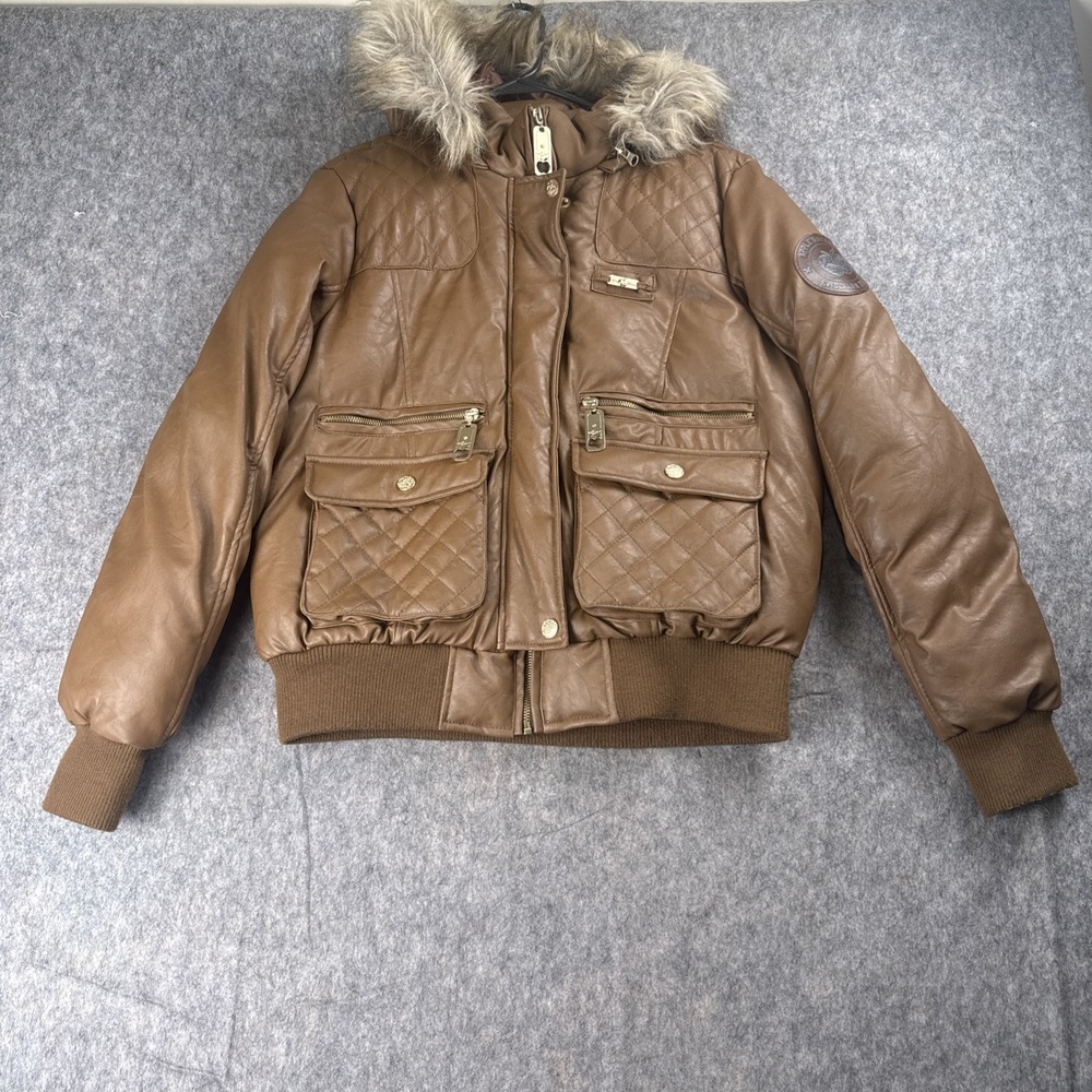 Vintage Apple Bottom Jacket Y2K Faux Leather Fur Puffer Jacket Brown Size Large
